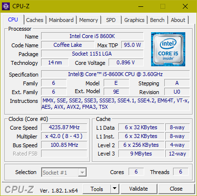 Intel Coffee Lake 8600K - CPU-Z