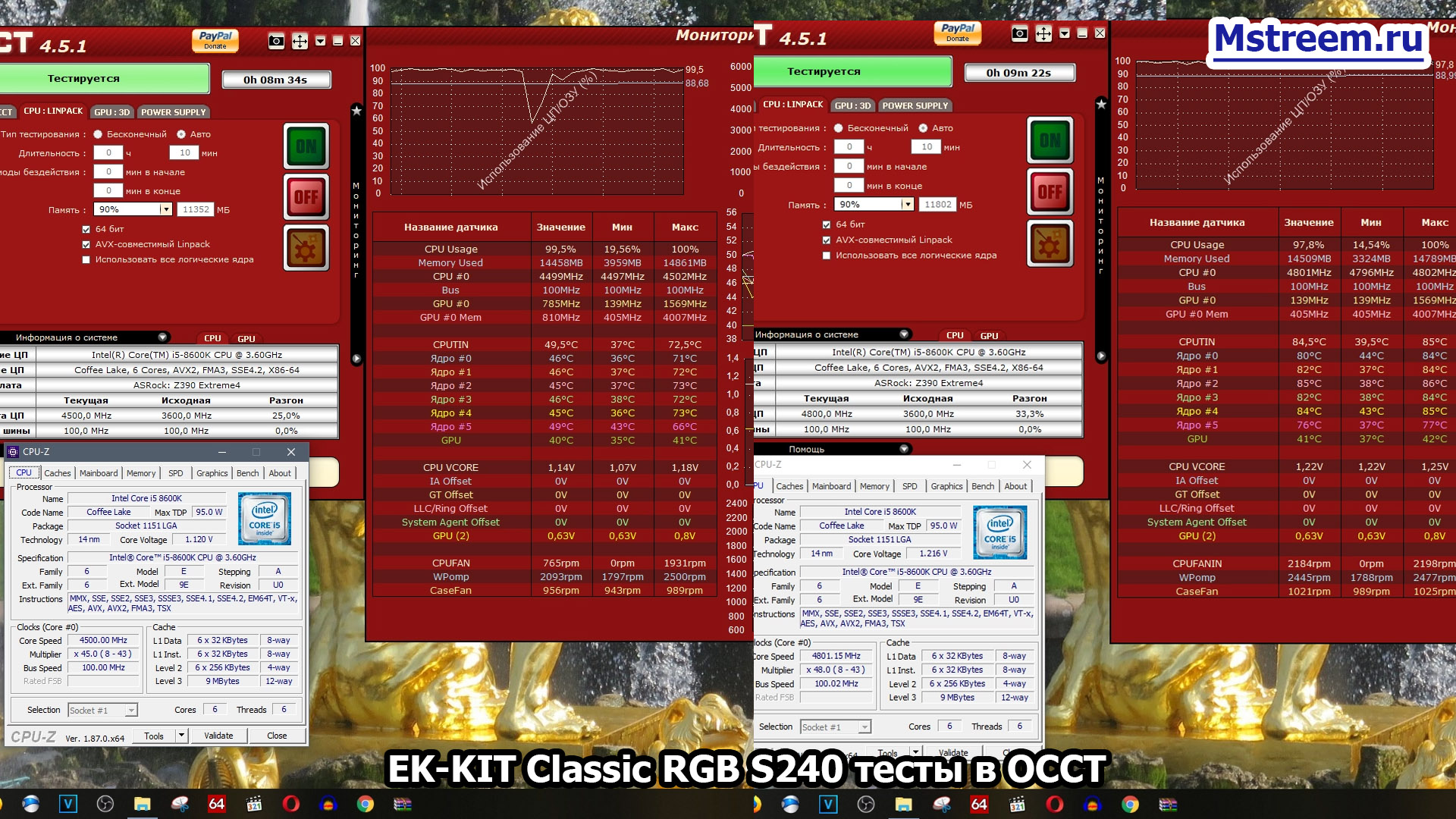  Водяная система охлаждения EK-KIT Classic RGB S240 Процессор Intel Core i5 8600K в разгоне 4.5 и 4.8 ГГц. Температурный тест в OCCT